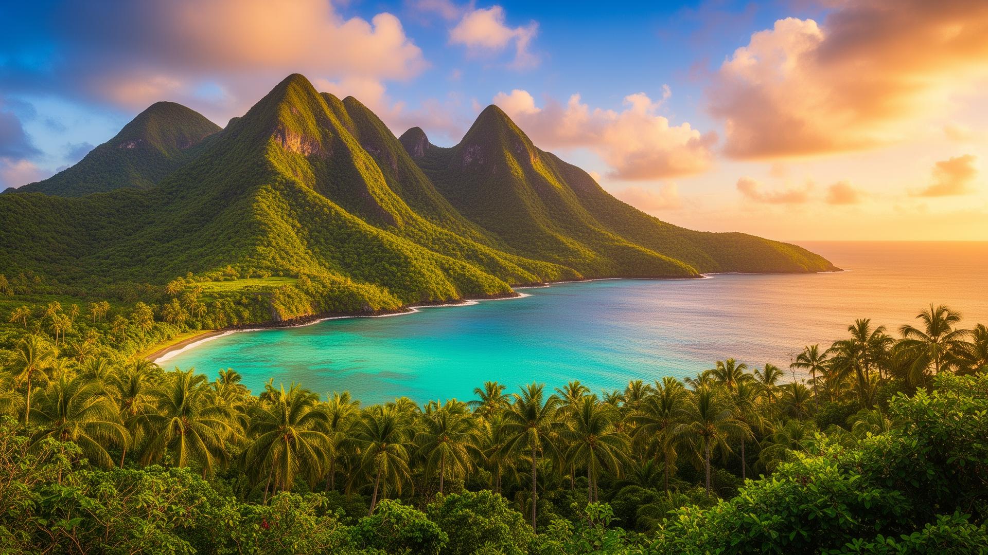 Paysage de Martinique : montagnes verdoyantes et mer turquoise